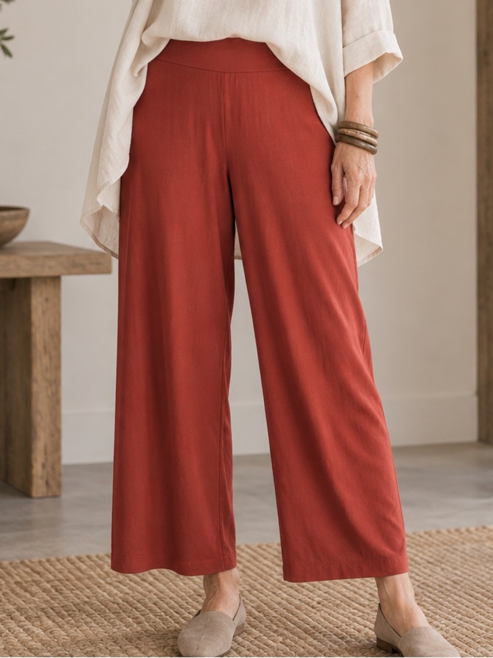 Eileen Fisher Rust Wide Leg Pants M Lagenlook Minimalist Pull On Stretch Flowy